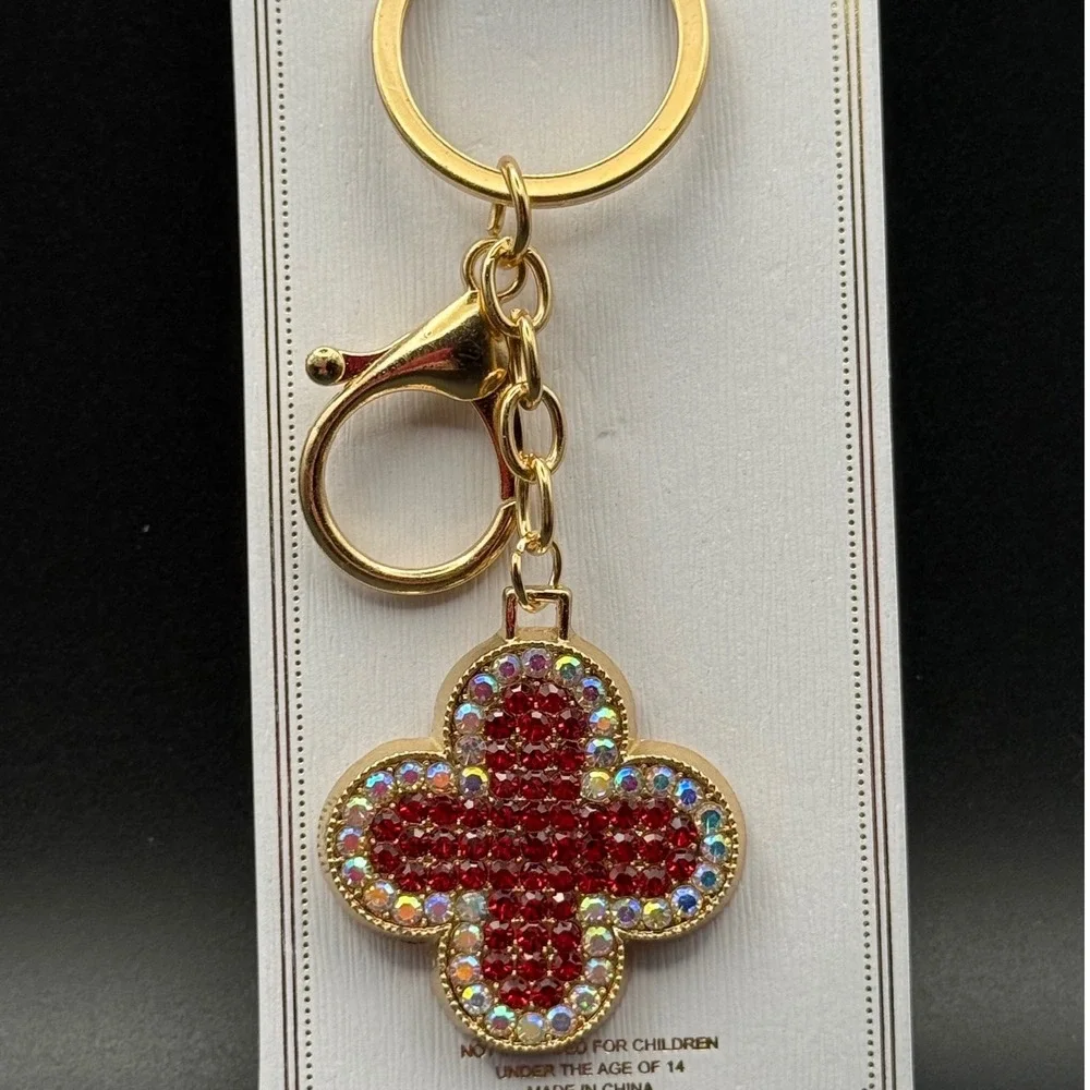 Rhinestone Red Cross Clover Keychain‎ Crystal Bag Charm Silver Gold Tone Bling